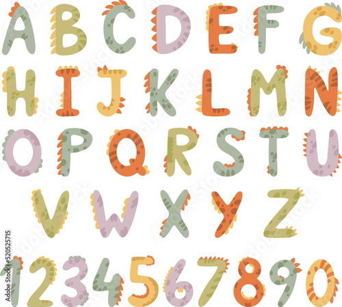 Cute baby dinosaurs alphabet and numbers. Hand drawn vector kids design for nursery room, clipart, prints in scandinavian style. Birthday cards, posters, t-shirts