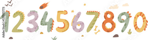 Cute baby dinosaurs numbers. Hand drawn vector kids design for nursery room, clipart, prints in scandinavian style. Birthday cards, posters, t-shirts