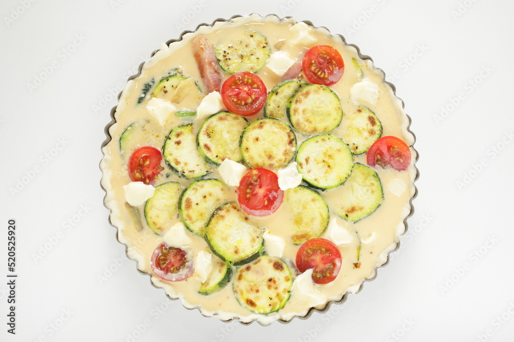 Prepared egg and pan fried zucchini in egg wash for quiche cooking ingredient Prepared egg and pan fried zucchini in egg wash for quiche cooking ingredient