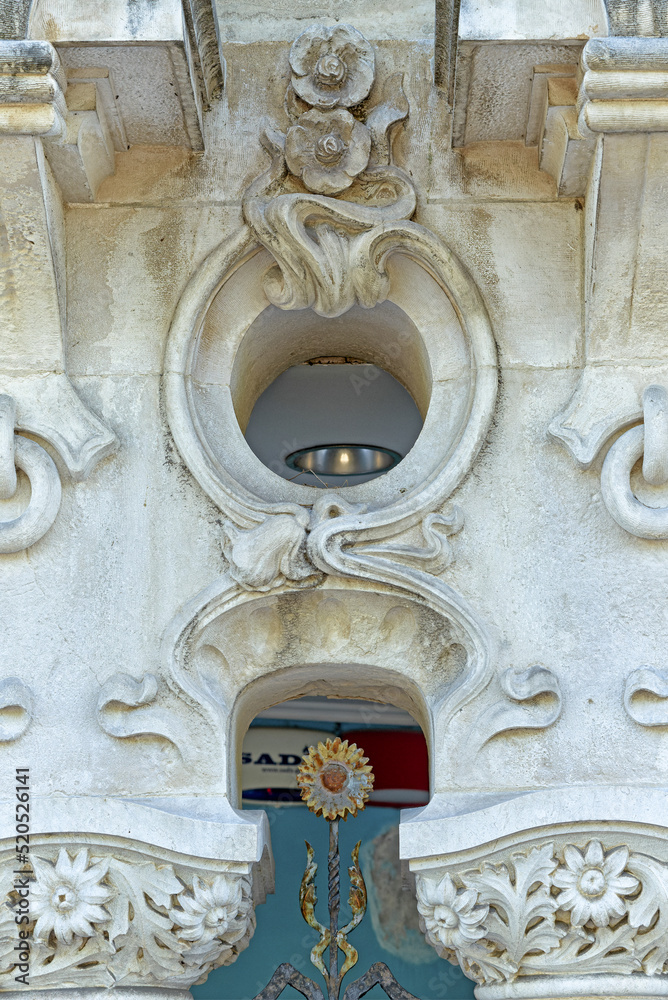 October 09, 2016: detail of the Art Nouveau style entrance door in the museum of Arte Nova de Aveiro in Aveiro, Portugal October 09, 2016: detail of the Art Nouveau style entrance door in the museum of Arte Nova de Aveiro in Aveiro, Portugal