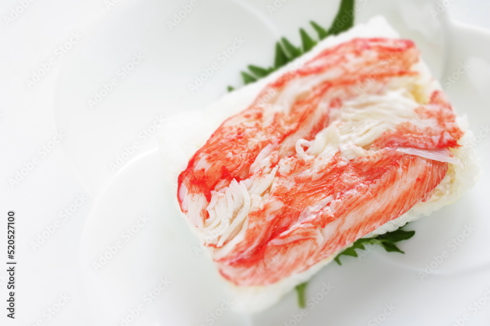 Japanese food, boiled crab press sushi on dish with copy apace Japanese food, boiled crab press sushi on dish with copy apace