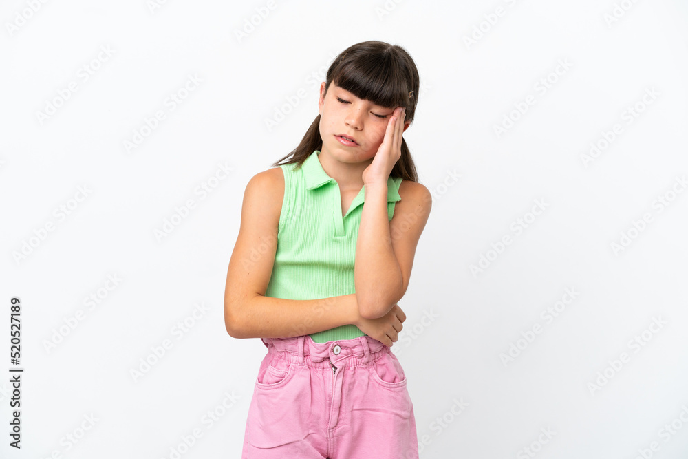 Little caucasian kid isolated on white background with headache Little caucasian kid isolated on white background with headache