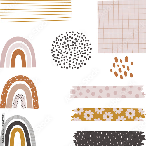 Digital bullet journaling. Isolated blank paper notes, washi tapes, and more. Boho-style planner decor. Vector art