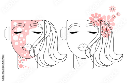 Girls. Outline drawings with colored accents. Two girls with different designs. Beautiful face. Sphere of beauty.