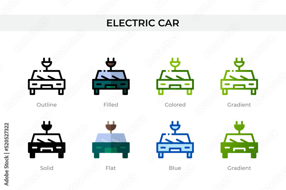 Electric car icon in different style. Electric car vector icons designed in outline, solid, colored, filled, gradient, and flat style. Symbol, logo illustration. Vector illustration Electric car icon in different style. Electric car vector icons designed in outline, solid, colored, filled, gradient, and flat style. Symbol, logo illustration. Vector illustration