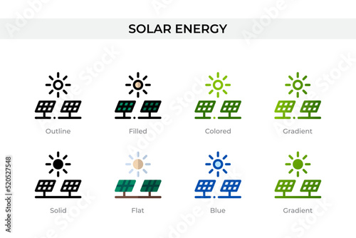 Solar energy icon in different style. Solar energy vector icons designed in outline, solid, colored, filled, gradient, and flat style. Symbol, logo illustration. Vector illustration
