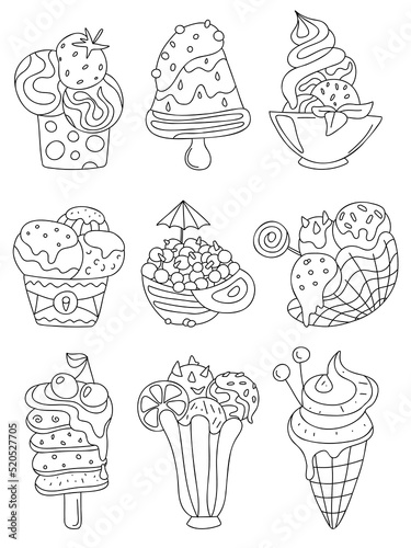 Cute doodle ice cream. Hand drawn cold desert set. Bowl, waffle cone, cup ice cream, mini melts small balls, eskimo pie, popsicle, sundae.