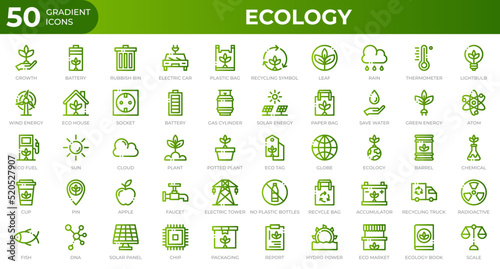 Set of 50 Ecology web icons in gradient style. Recycling, biology, renewable energy. Gradient icons collection. Vector illustration