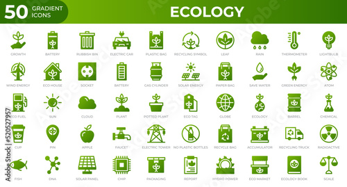 Set of 50 Ecology web icons in gradient style. Recycling, biology, renewable energy. Gradient icons collection. Vector illustration