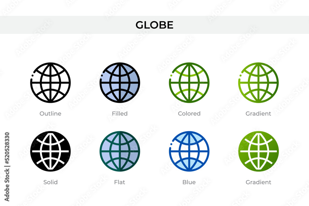 Globe icon in different style. Globe vector icons designed in outline, solid, colored, filled, gradient, and flat style. Symbol, logo illustration. Vector illustration