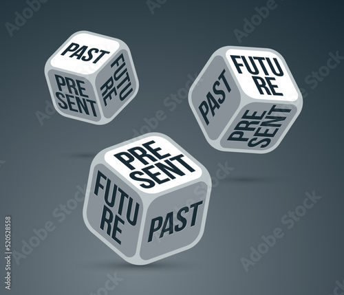 Future past and present dices rolling and choosing vector illustration, concept of living in memories or plans or enjoying life today.