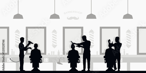 Barbershop salon interior. Black silhouette scene of barber shop. Haircut master with customer. Men fashion service. Hairdresser at work. Man stylish club