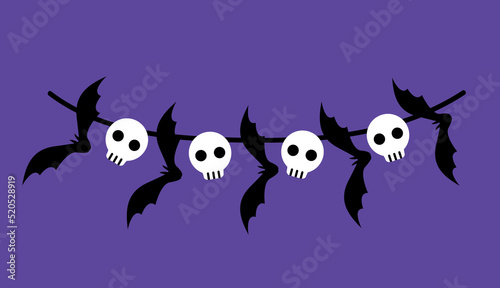 Halloween decoration with bats and skulls. Garland with holiday cute characters. Festive buntings with skulls and bats for greeting cards invitations  colorful flags flat vector decoration rope sign