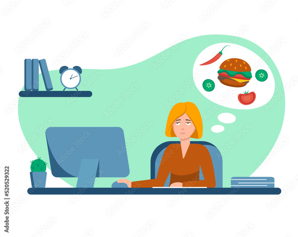 Hungry woman at work. Hunger in the workplace. Character design. Vector illustration in flat style.