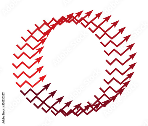 Fototapeta Naklejka Na Ścianę i Meble -  Circle pattern of Red growing up arrow sign isolated on white background. Inflation Bar chart. Graph. Rising price. Finance and Economy. Financial market. Global crisis concept. Infographics frame.