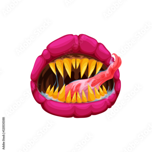 Monster mouth Halloween horror holiday lips with fangs isolated cartoon icon. Vector scary teeth and tongue of creepy alien beast, devil or zombie. Dracula vampire, werewolf or demon spooky smile