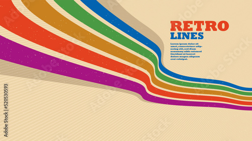 Retro style abstract background with curve lines in all colors of rainbow, 3D dimensional seventieth vector art.