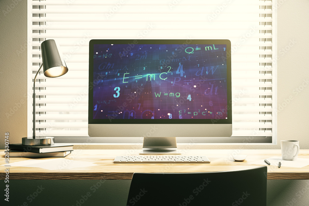 Modern computer monitor with creative scientific formula concept, research and development concept. 3D Rendering Modern computer monitor with creative scientific formula concept, research and development concept. 3D Rendering