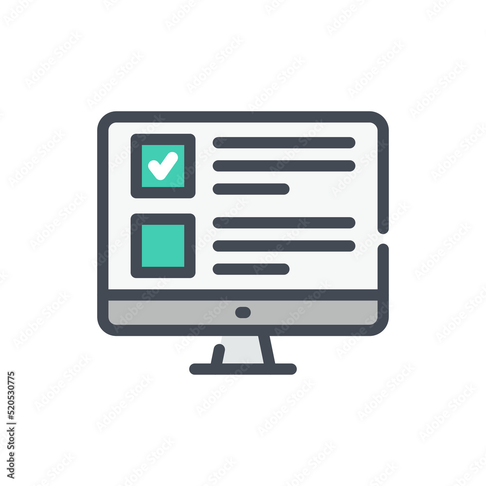 Online exam and Survey form on computer display color line icon. PC with check box and tick vector outline colorful sign. Online exam and Survey form on computer display color line icon. PC with check box and tick vector outline colorful sign.