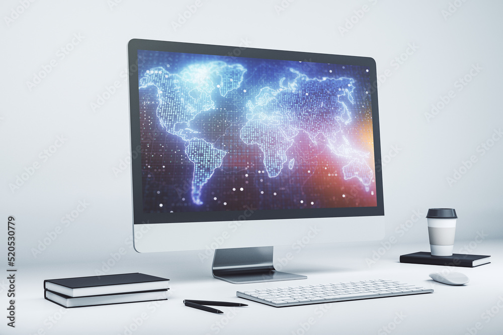 Abstract creative world map on modern laptop screen, international trading concept. 3D Rendering Abstract creative world map on modern laptop screen, international trading concept. 3D Rendering