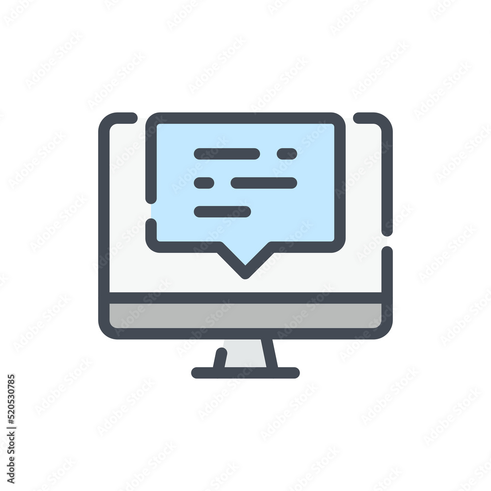 Online communication and new message in chat color line icon. Computer with chat box vector outline colorful sign. Online communication and new message in chat color line icon. Computer with chat box vector outline colorful sign.