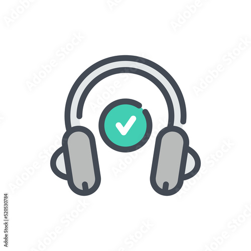 Online education and audio tutorials with check mark color line icon. Headphones with check mark vector outline colorful sign.