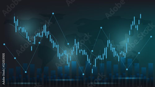 economy situation concept. Financial business statistics with bar graph and candlestick chart show stock market price and currency exchange on dark background