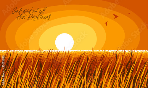 Grassland meadow over the evening sky of sundown scenic tranquil and calm landscape vector illustration, forget about all the problems and relax concept.