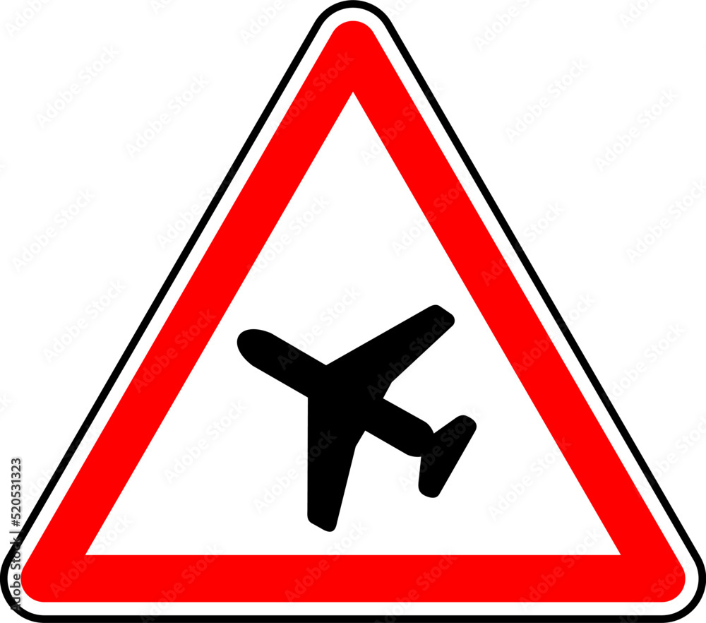Obraz premium Vector graphic of a uk low flying aircraft road sign. It consists of a depiction of the silhouette of an aeroplane contained within a red triangle