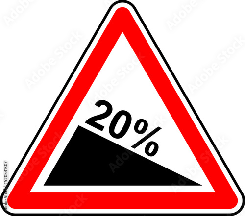 Vector graphic of a uk warning of a 20% decline ahead road sign. It consists of a hill upward symbol and the incline rate contained within a red triangle