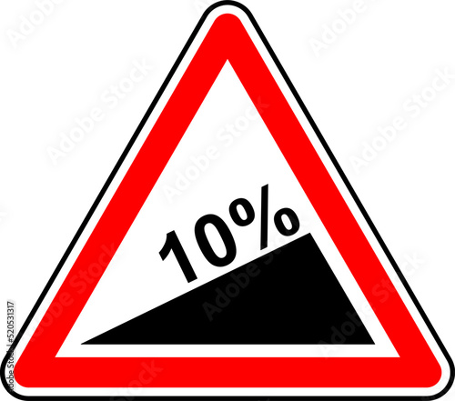 Vector graphic of a uk warning of a 10% incline ahead road sign. It consists of a hill upward symbol and the incline rate contained within a red triangle