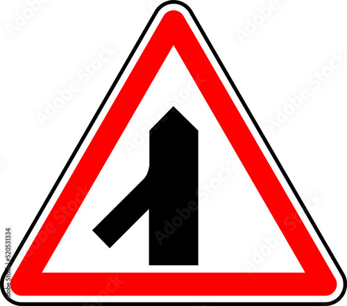 Vector graphic of a uk merge from left road sign. It consists of a depiction of the road layout contained within a red triangle