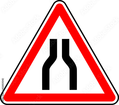 Vector graphic of a uk road narrows on both sides road sign. It consists of a depiction of the road layout contained within a red triangle