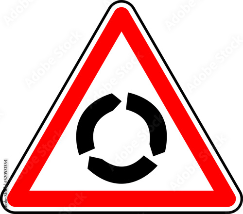 Vector graphic of a uk roundabout road sign. It consists of a depiction of three arrows pointing in a clockwise direction contained within a red triangle