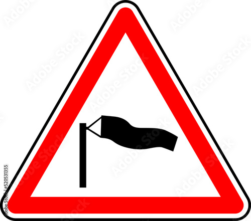 Vector graphic of a uk side winds road sign. It consists of a depiction of a horizontal wind sock contained within a red triangle