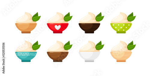 Ice cream, white sauces, yogurts, puree, dairy products in ceramic and wooden bowls. Vector cartoon set of baby food, mayonnaise, mousse, vanilla desserts, sour cream
