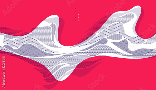 Oriental Japanese style vector abstract illustration in red color, background in Asian traditional style, wavy shapes and mountains terrain, runny like sea lines.
