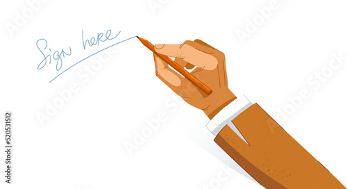 Businessman hand signing a document vector illustration, sign here script, agreement signature. photo