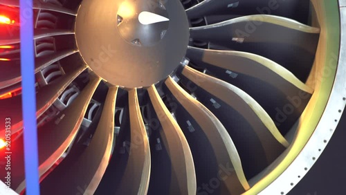 GTF type new generation aircraft engine slow motion shot of fan blades inspection with red lights effect photo