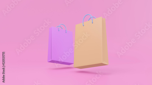 Paper bag package. 3D Paper bags on pink background. Online shopping concept. Offline shop or supermarket. 3d render illustration