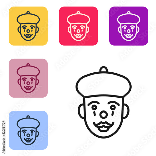 Black line French mime icon isolated on white background. Set icons in color square buttons. Vector