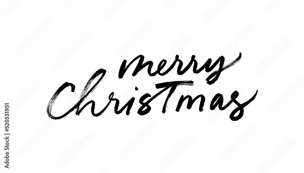 Merry Christmas vector brush calligraphy. Xmas text isolated on white for postcard, poster, banner design element. Creative typography for Holiday greeting cards, banner. Hand drawn modern lettering.
