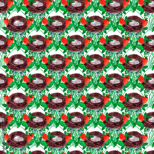 seamless pattern. Nest and bushes with strawberries, white flowers and green leaves. watercolor.