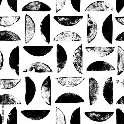 Geometric abstract seamless pattern with semicircles. Black and white simple elements of geometry, imprint halved circles. Bauhaus constructive style. Hand drawn vector grunge retro pattern.