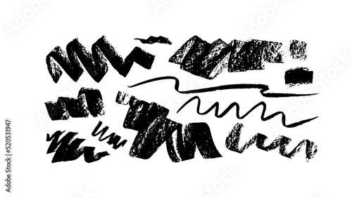 Wide charcoal vector strokes and curly lines collection. Hand drawn scribbled banners with noisy texture. Dry black curved smears. Scrawl elements isolated on white background. Black pencil doodles