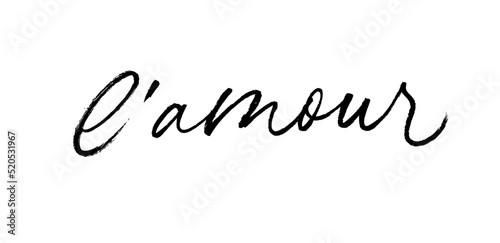 L'amour modern brush calligraphy. Word Love in French. Modern calligraphy script, cursive romantic text. Black ink lettering isolated on white. Vector lettering for Valentine's day.  photo