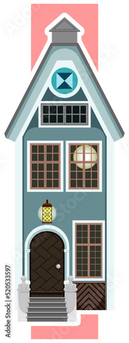 Sticker. Vertical building on the background. Architecture. Blue house with steps.
