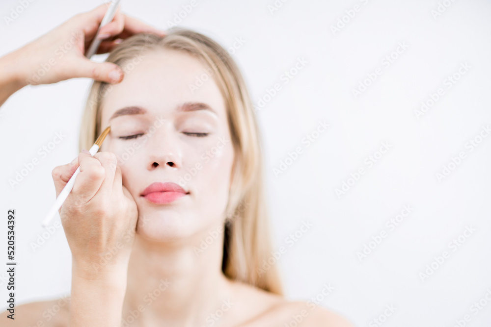Makeup artist applies eye shadow. Makeup in the studio. Makeup artist applies eye shadow. Makeup in the studio.