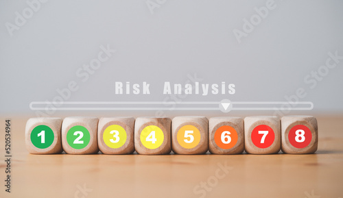 Risk rating from low to high number print on wooden cube block for risk assessment analysis and management concept.