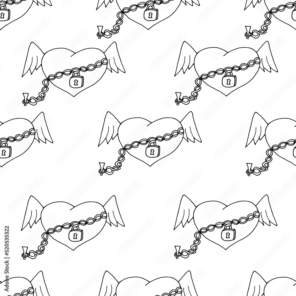 Obraz premium Seamless pattern of hearts with angel wings chained with a lock on a white background. Concept for Valentine's Day. Creative designer background with hearts.